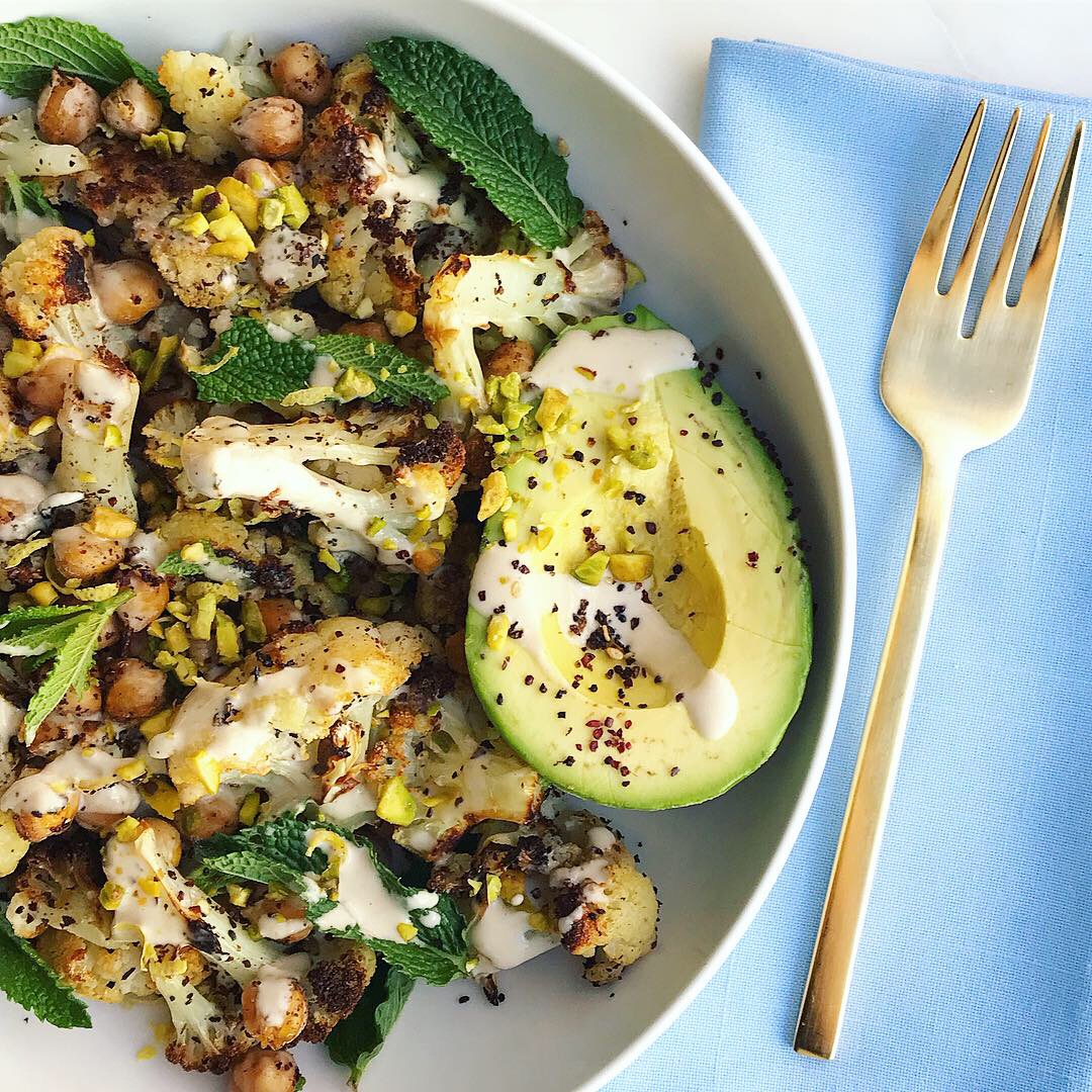 Za’atar Roasted Cauliflower and Chickpeas with Avocado and Tahini