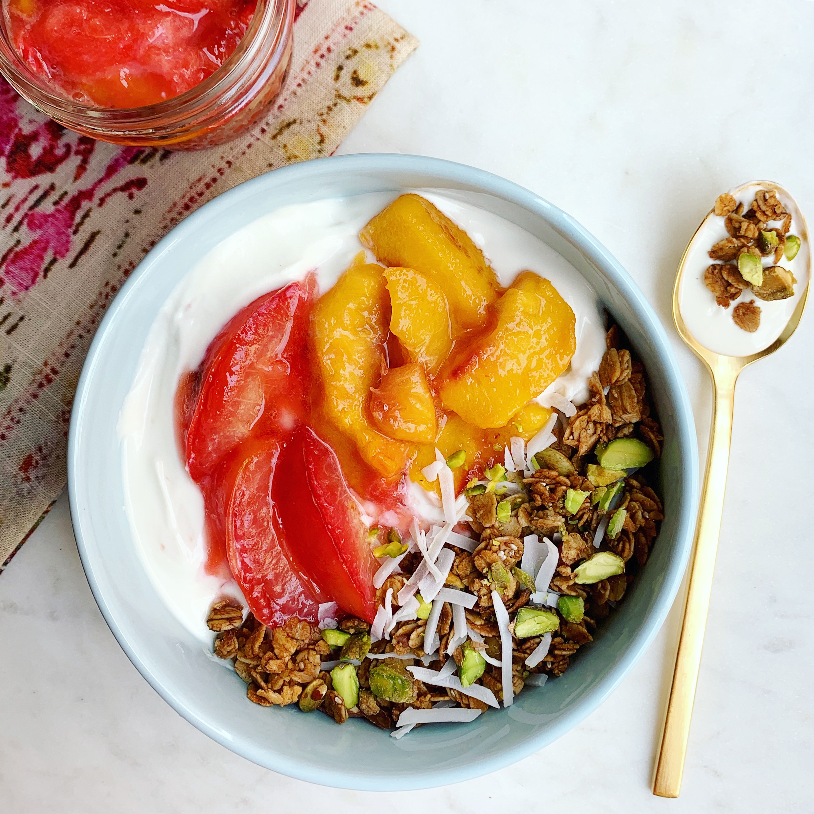 Greek Yogurt Bowl with Maple Roasted Stone Fruit & Cardamom Pistachio Granola