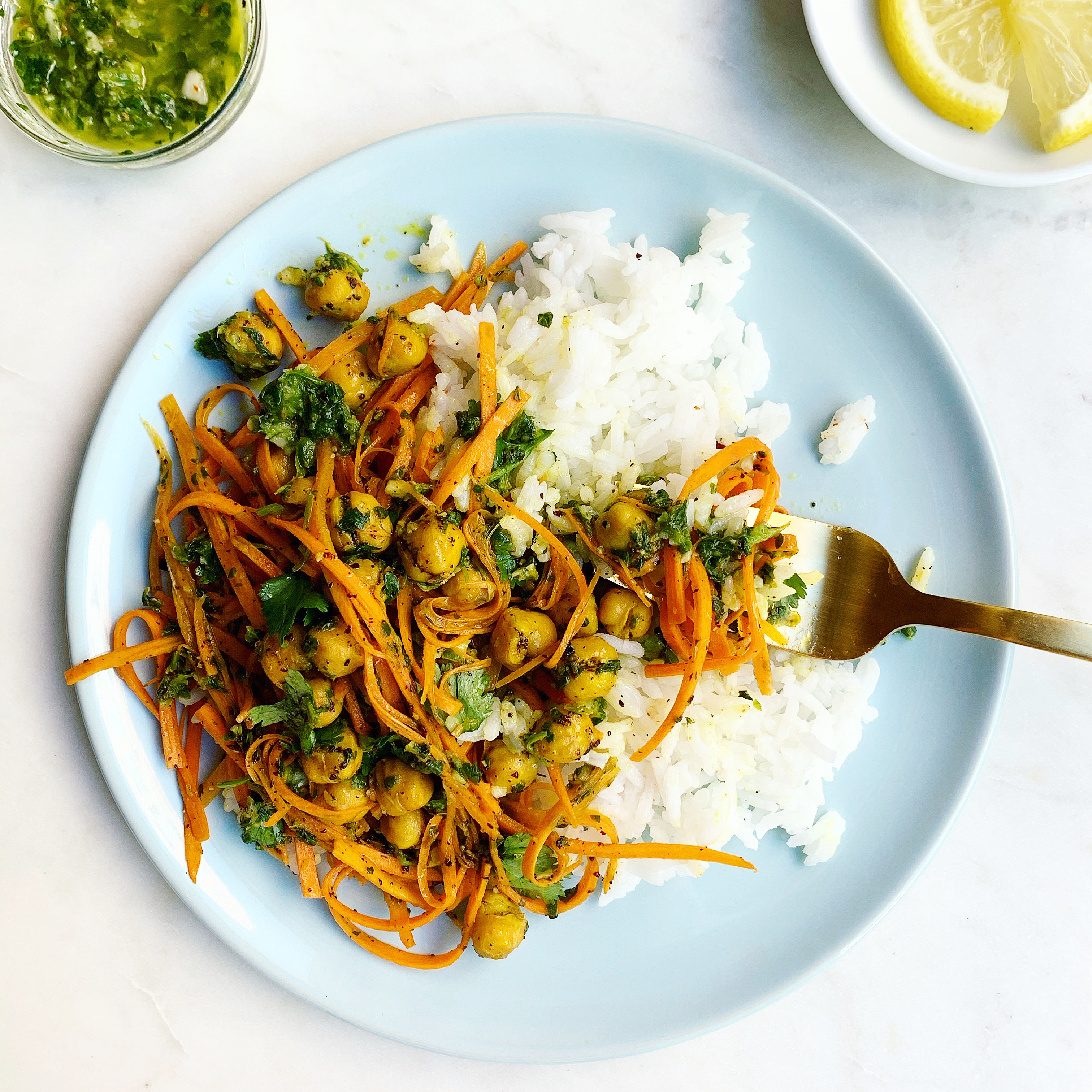 Carrot Noodles with Chickpeas + Zhoug