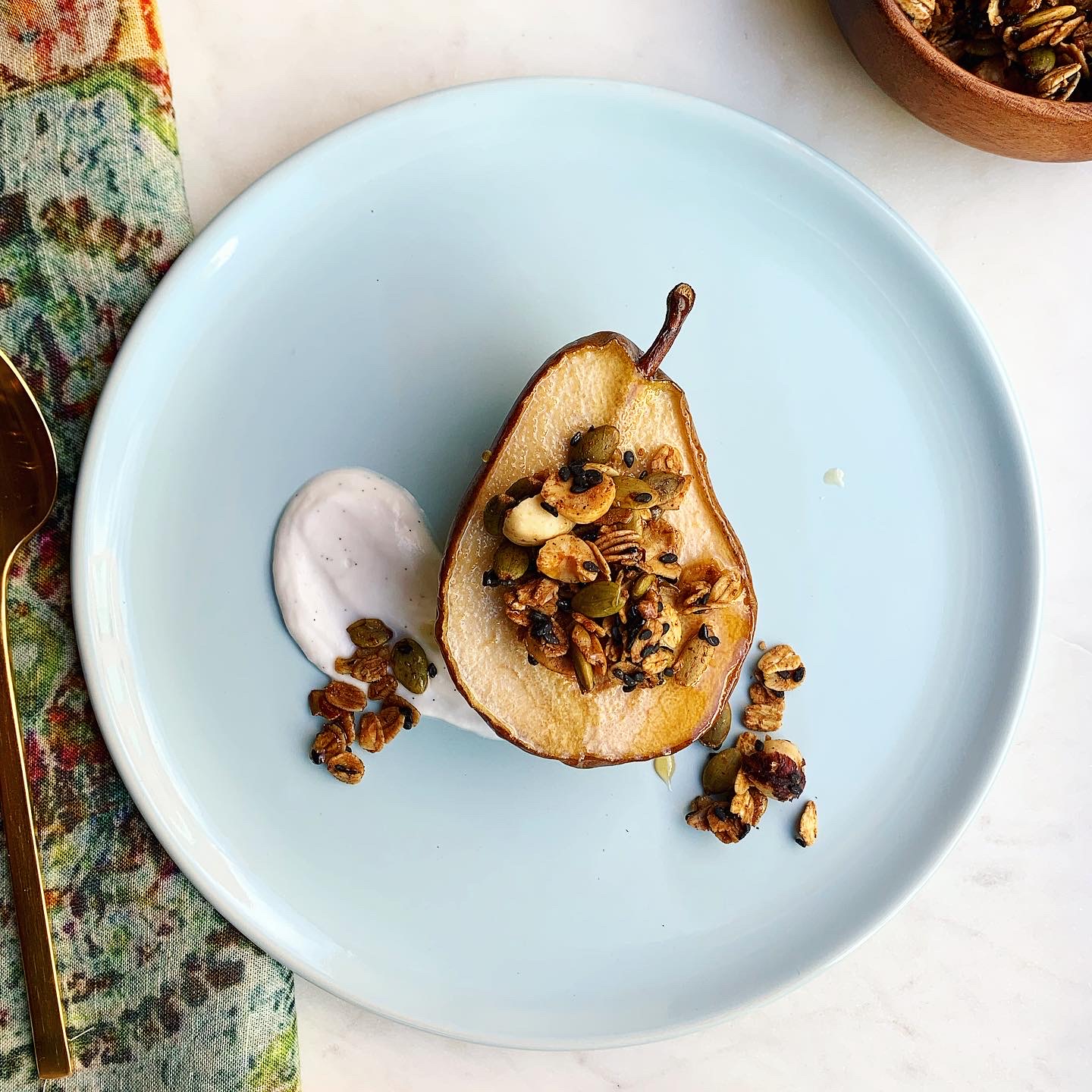 Roasted Pears with Black Sesame Crunch