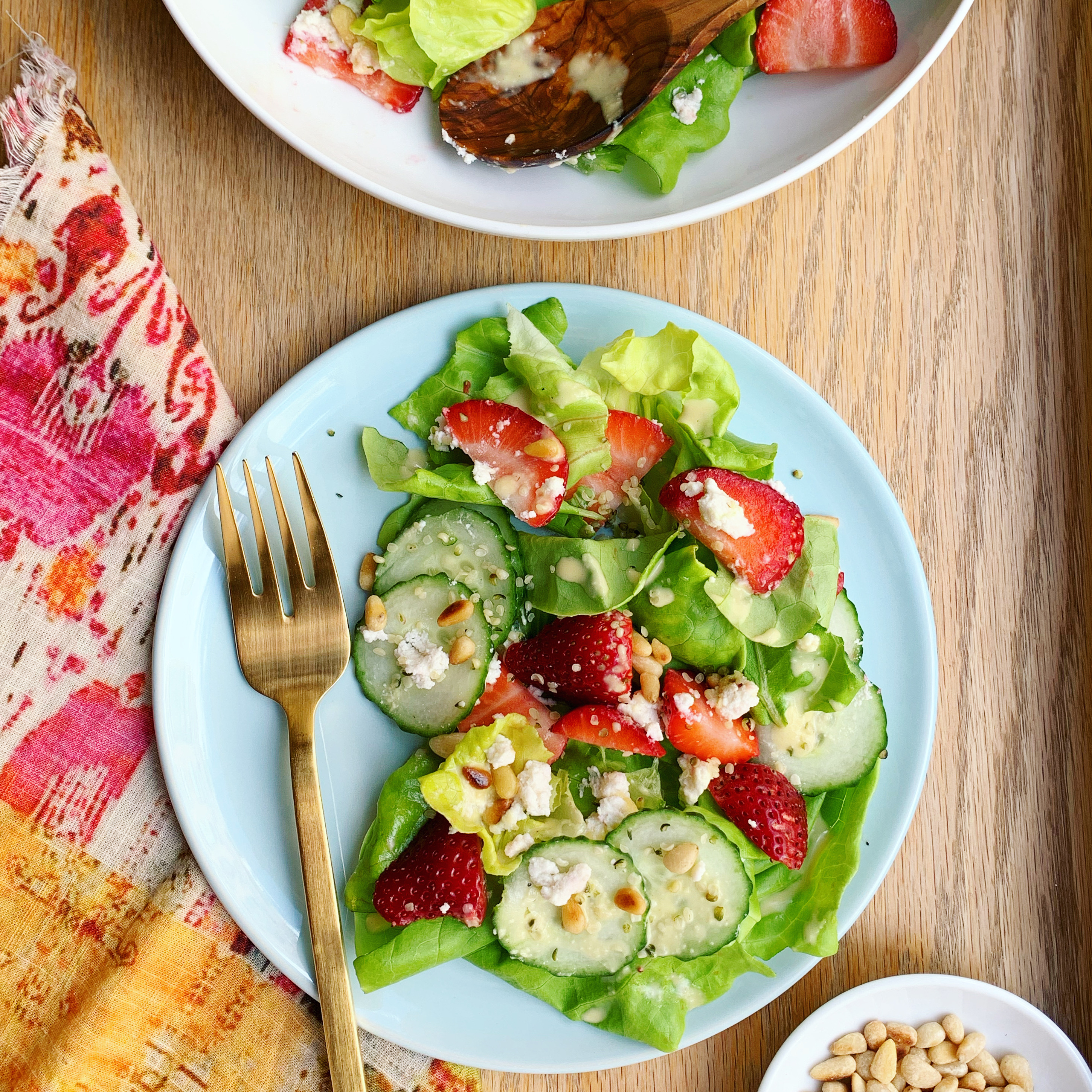 Strawberry Salad with Almond Ricotta + Pine Nuts