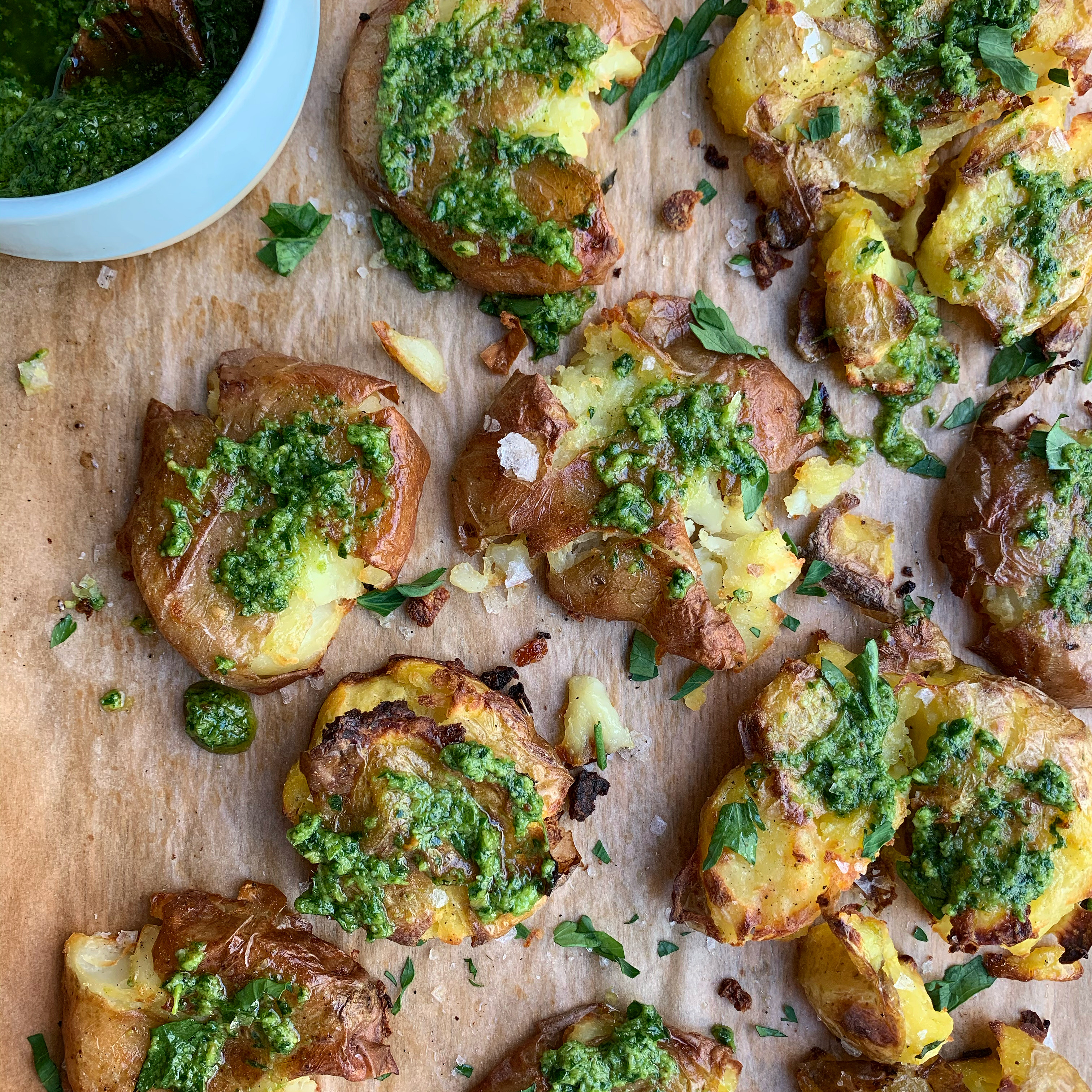 Smashed Roasted Potatoes + Herby Pesto