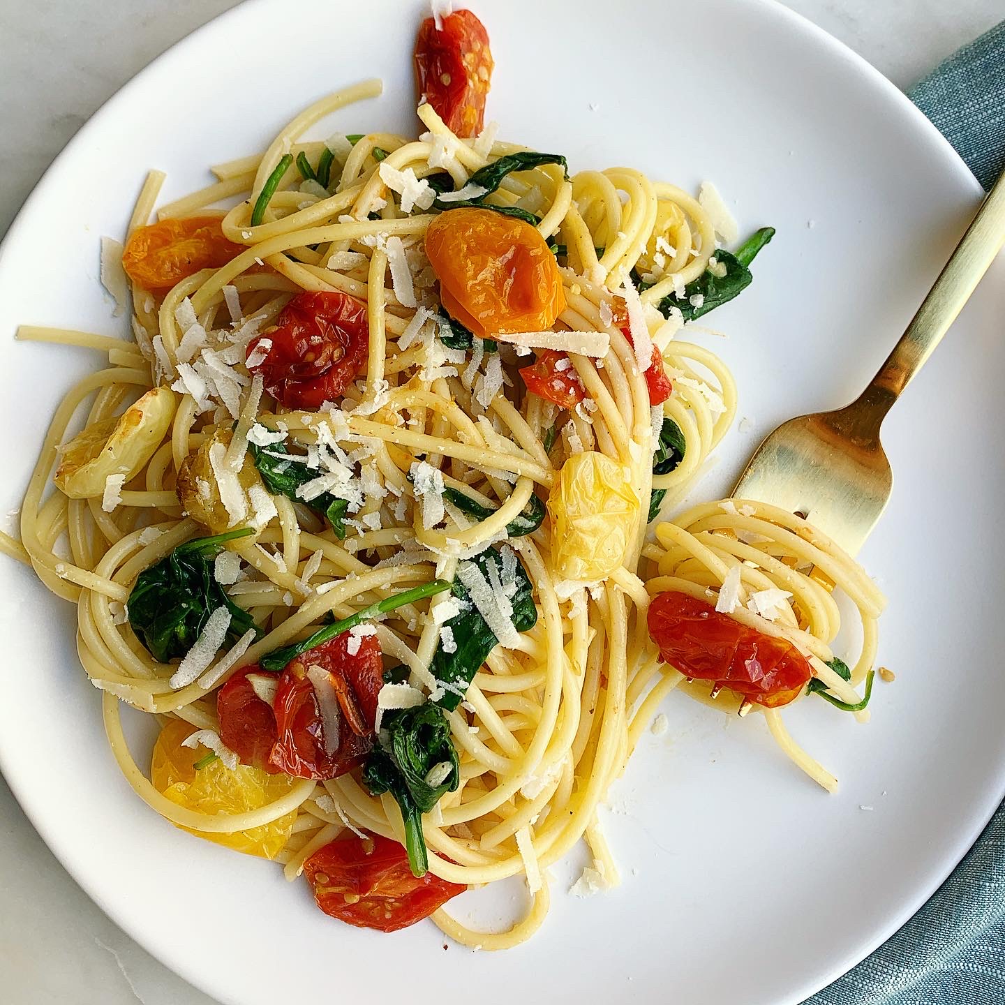 Spaghetti with Charred Tomatoes + Garlicky Greens